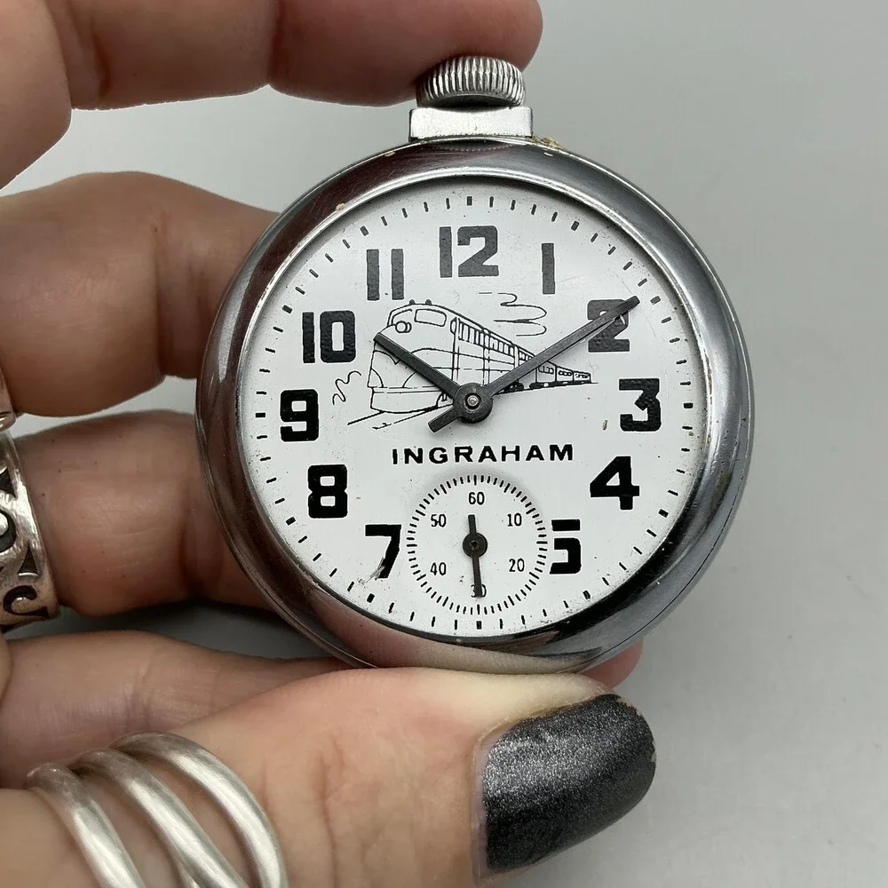 Vintage Ingraham Train Pocket Watch Men 50mm White Dial Manual Wind Not Running